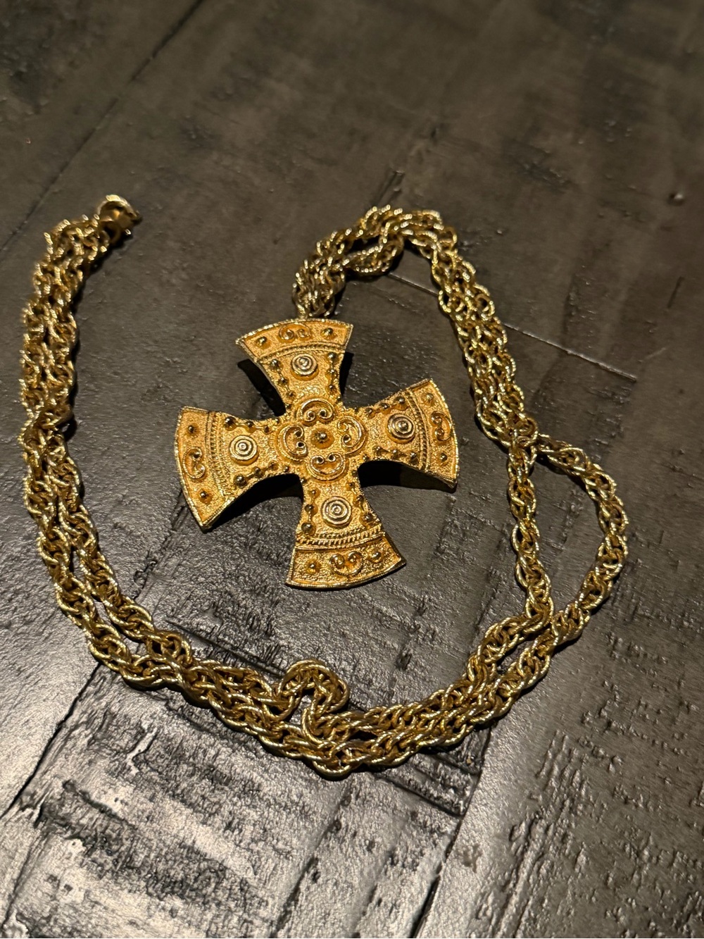 Gold-Tone Vintage Ornate Cross Pendant Necklace